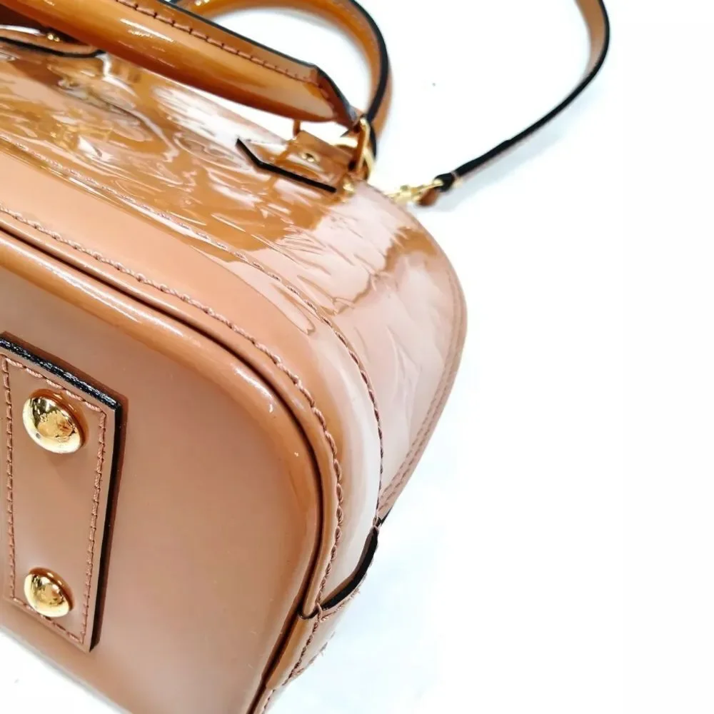 Auth Louis Vuitton Camel Brown Vernis Patent Leather 2way LV Alma BB Satchel